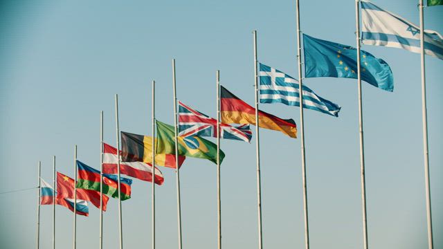 International flags waving in the wind.