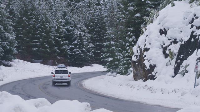 Curve on a snowy forest road.