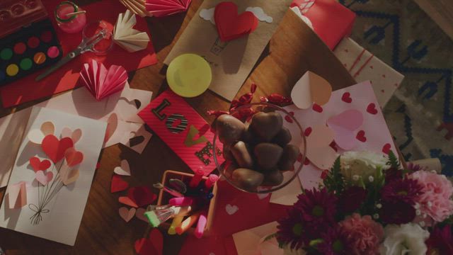 Dining room after making gifts for Valentine's Day.