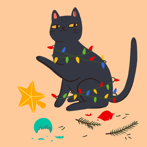 Cat tangled up in Christmas lights 